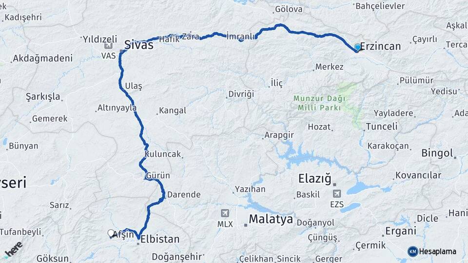 Erzincan Afşin Kahramanmaraş Arası Kaç Km - Yol Haritası