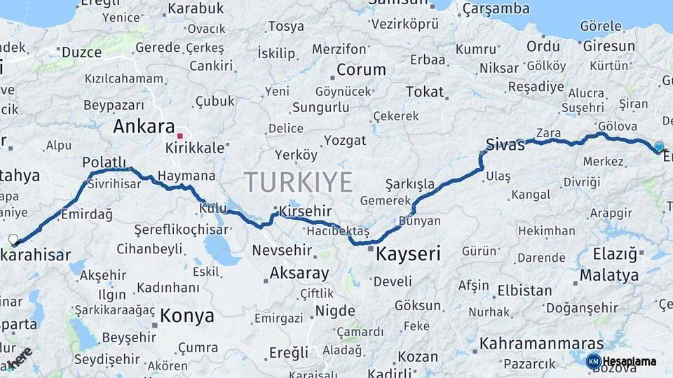 Erzincan Afyonkarahisar Arası Kaç Km - Yol Haritası