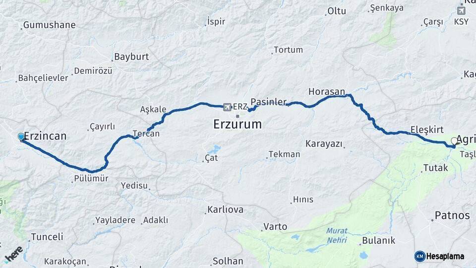 Erzincan Ağrı Arası Kaç Km - Yol Haritası
