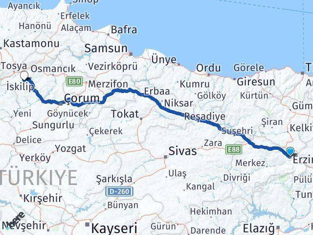 Erzincan Ahmetoğlu Tosya Kastamonu Arası Kaç Km - Yol Haritası