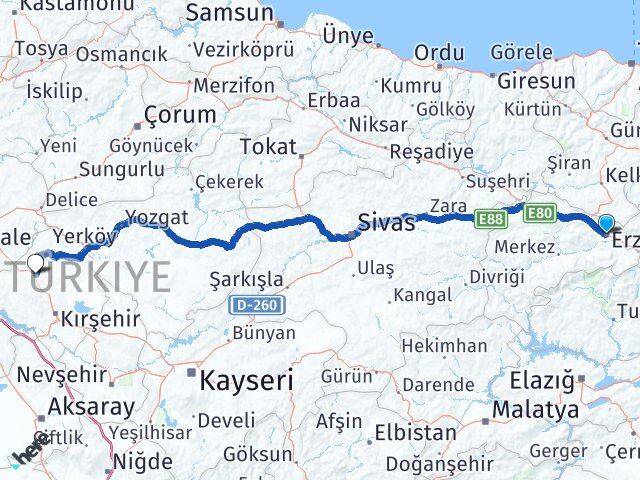 Erzincan Akpınar Kırşehir Arası Kaç Km - Yol Haritası