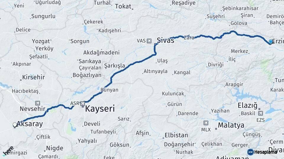 Erzincan Aksaray Arası Kaç Km - Yol Haritası