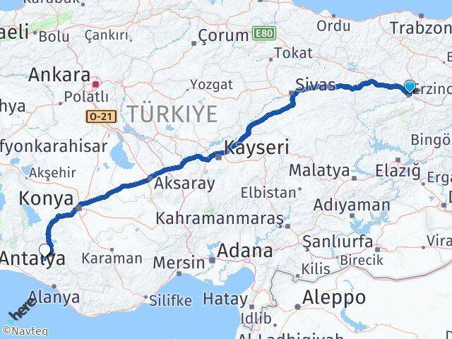 Erzincan Akseki Antalya Arası Kaç Km - Yol Haritası