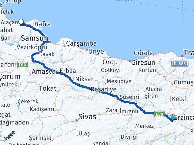 Erzincan Alaçam Arası Kaç Km - Yol Tarifi