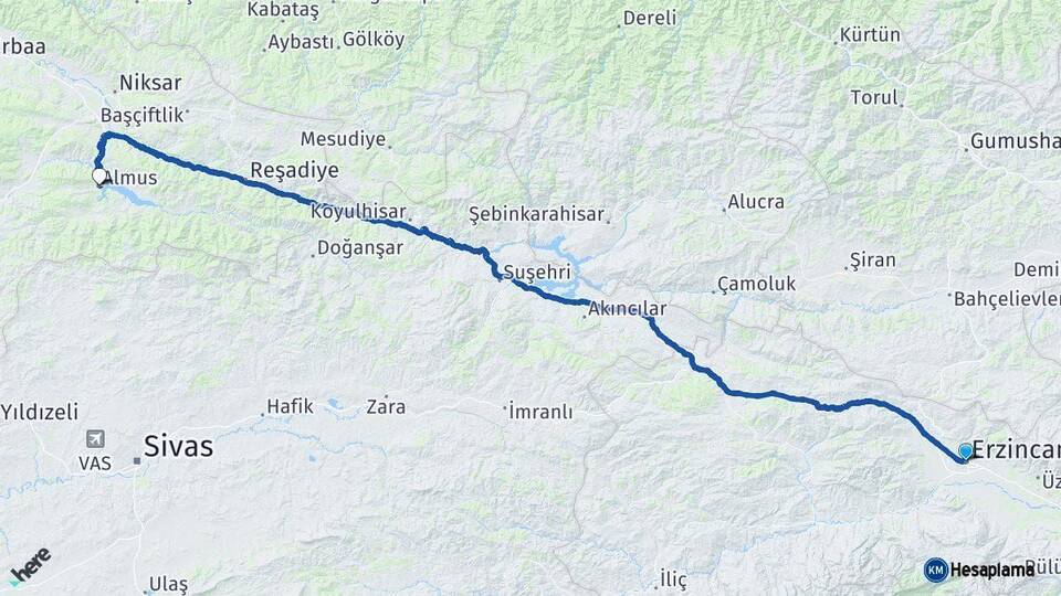 Erzincan Almus Tokat Arası Kaç Km - Yol Haritası