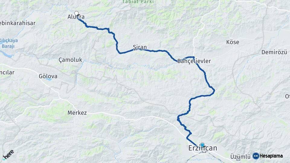Erzincan Alucra Giresun Arası Kaç Km - Yol Haritası