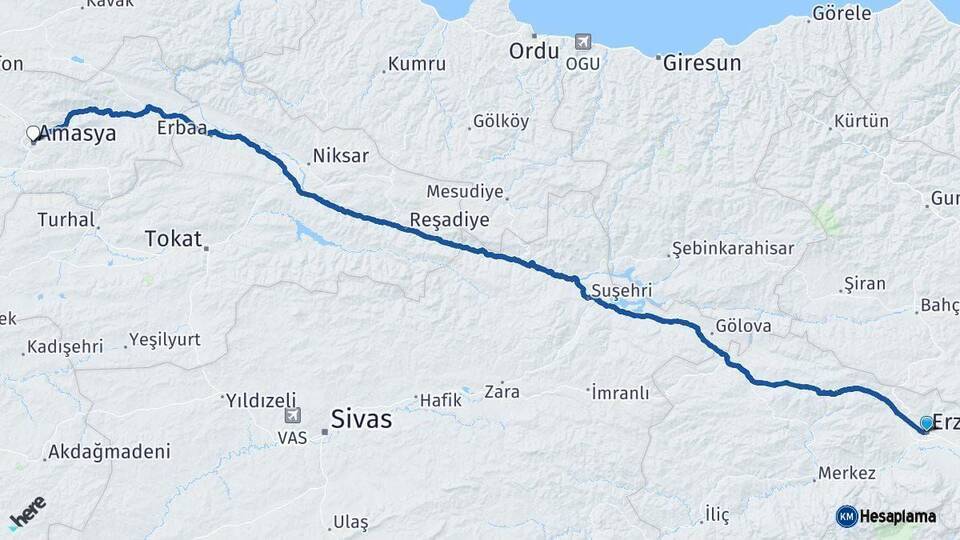 Erzincan Amasya Arası Kaç Km - Yol Haritası