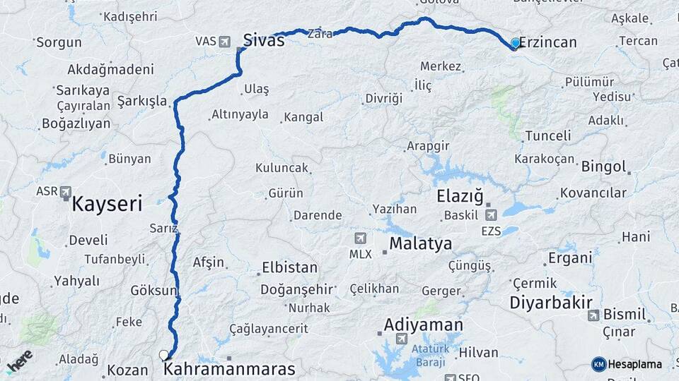 Erzincan Andırın Kahramanmaraş Arası Kaç Km - Yol Haritası