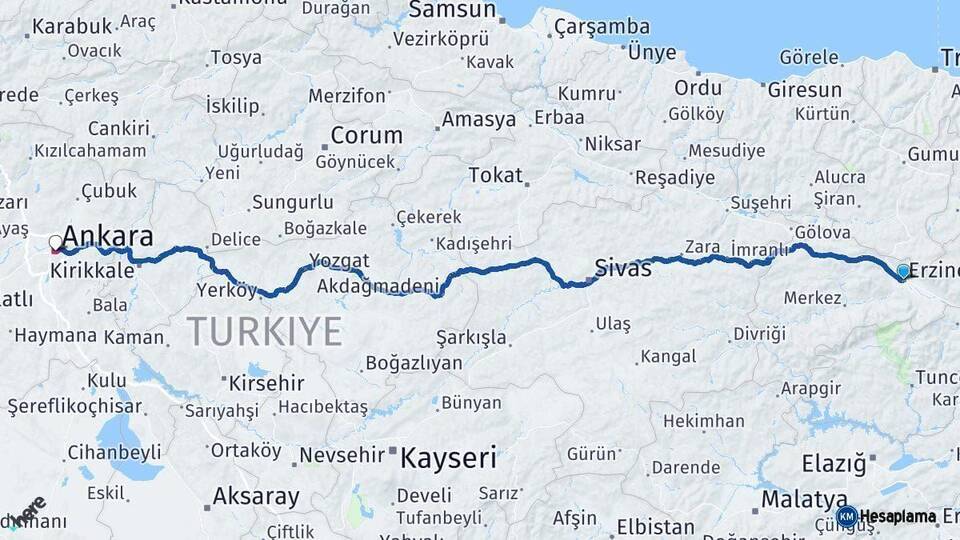 Erzincan Ankara Arası Kaç Km - Yol Haritası