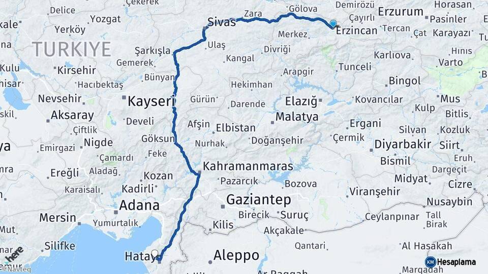 Erzincan Antakya Hatay Arası Kaç Km - Yol Haritası