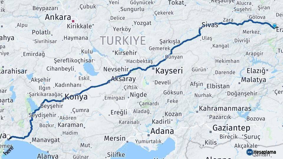 Erzincan Antalya Arası Kaç Km - Yol Haritası