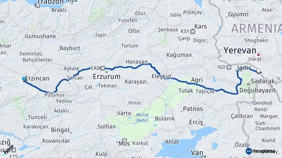 Erzincan Aralık Iğdır Arası Kaç Km - Yol Haritası