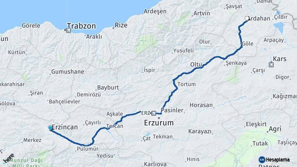 Erzincan Ardahan Arası Kaç Km - Yol Haritası