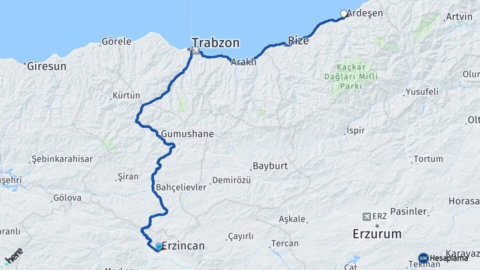 Erzincan Ardeşen Rize Arası Kaç Km - Yol Haritası