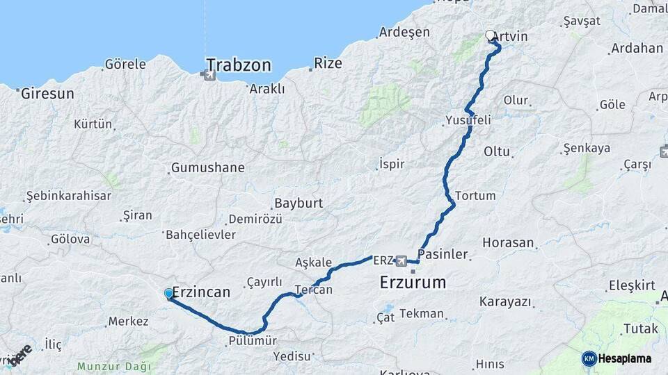 Erzincan Artvin Arası Kaç Km - Yol Haritası