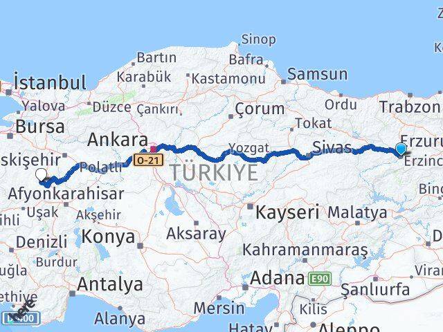 Erzincan Aslanapa Kütahya Arası Kaç Km - Yol Haritası