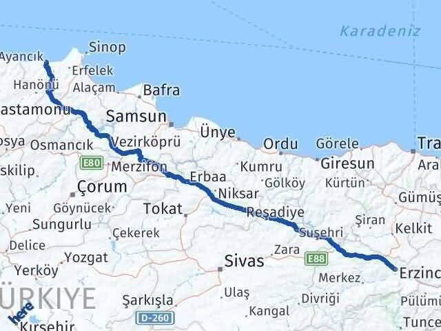 Erzincan Ayancık Sinop Arası Kaç Km - Yol Haritası