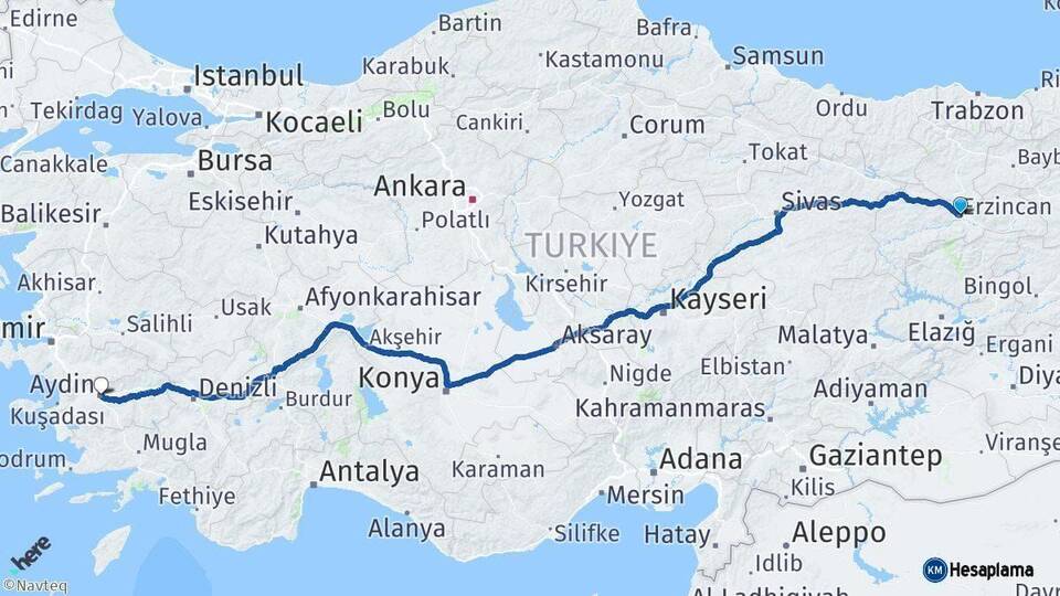 Erzincan Aydın Arası Kaç Km - Yol Haritası