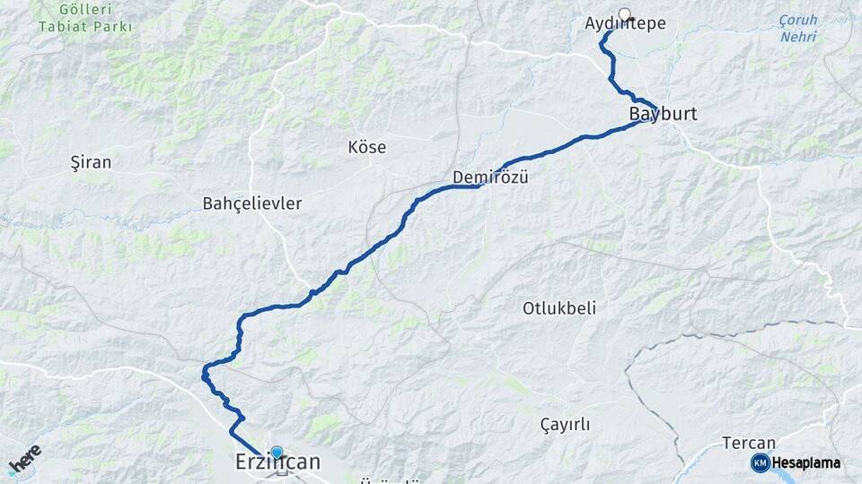 Erzincan Aydıntepe Bayburt Arası Kaç Km - Yol Haritası