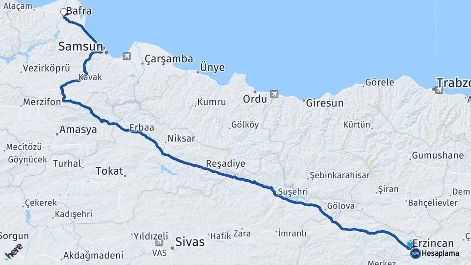 Erzincan Bafra Samsun Arası Kaç Km - Yol Haritası