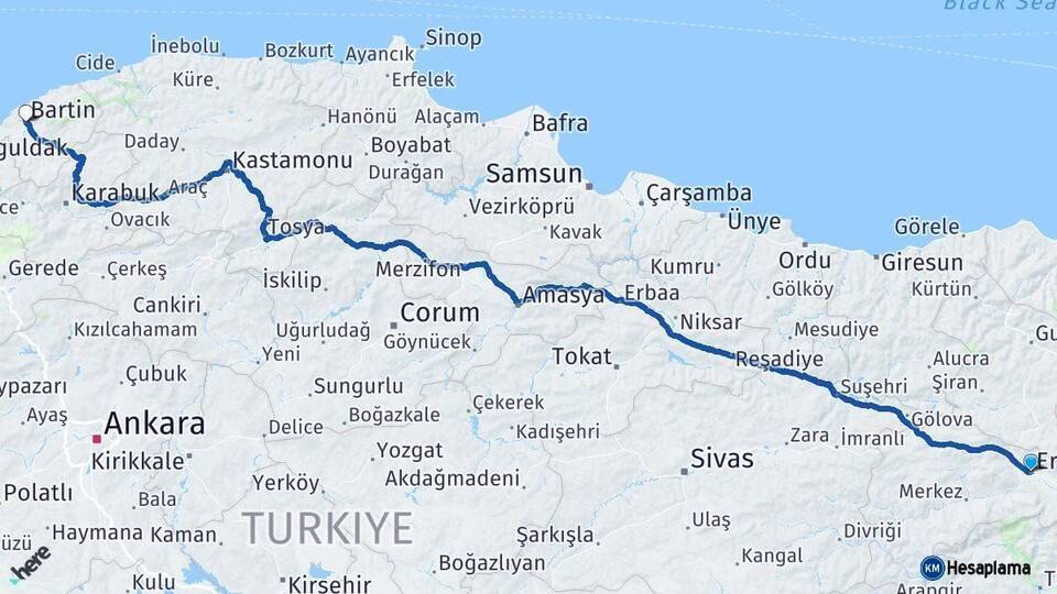 Erzincan Bartın Arası Kaç Km - Yol Haritası
