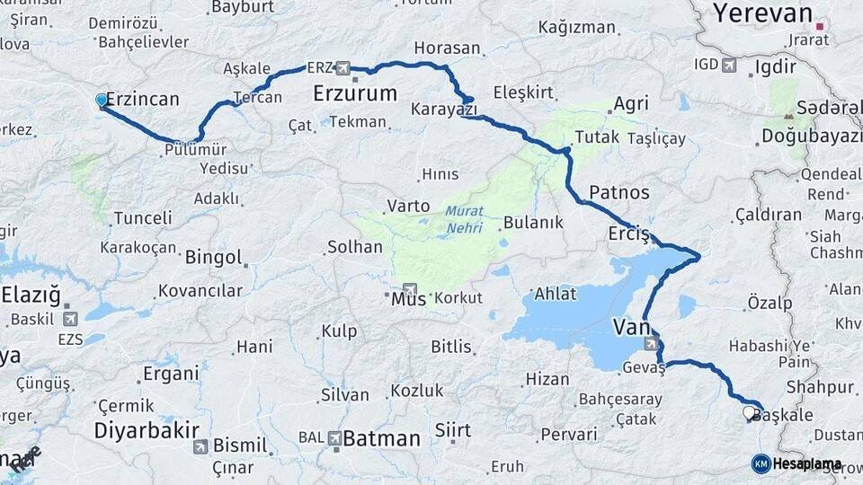Erzincan Başkale Van Arası Kaç Km - Yol Haritası
