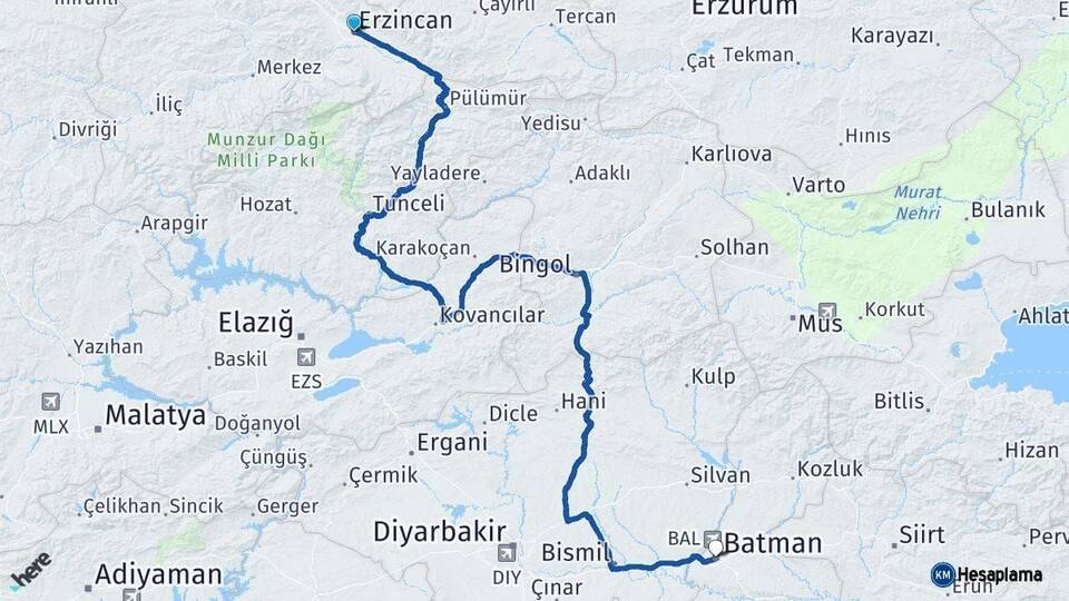 Erzincan Batman Arası Kaç Km - Yol Haritası