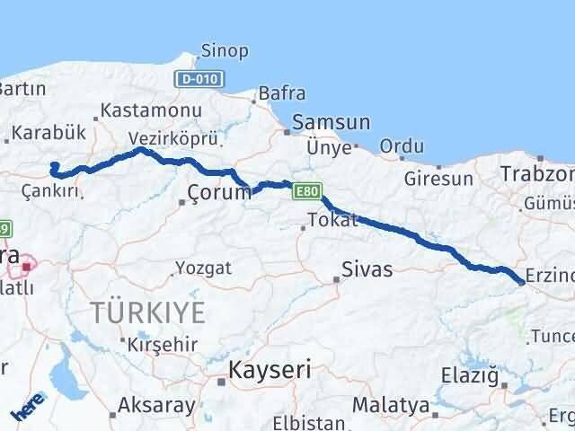 Erzincan Bayramören Çankırı Arası Kaç Km - Yol Haritası