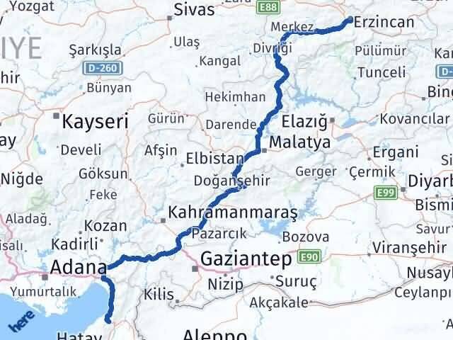Erzincan Belen Hatay Arası Kaç Km - Yol Haritası