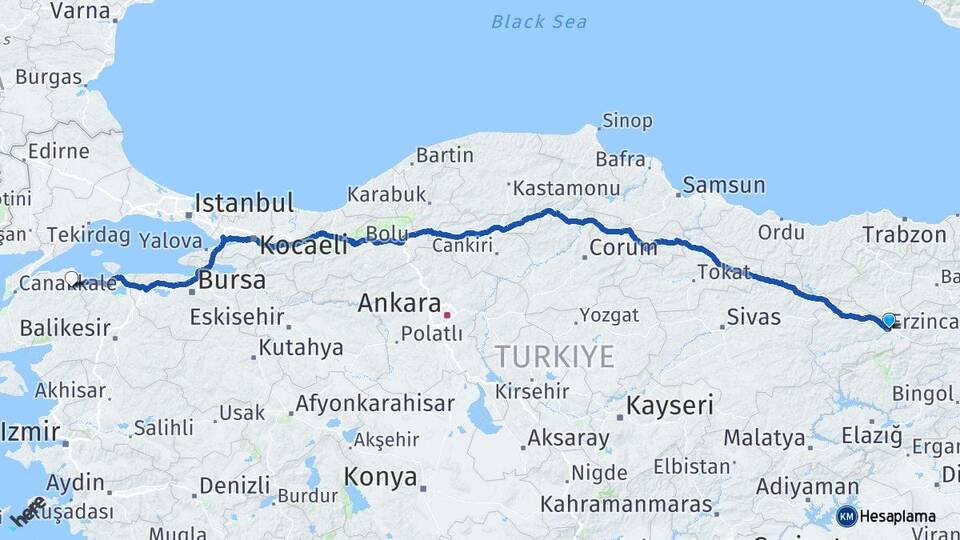 Erzincan Biga Çanakkale Arası Kaç Km - Yol Haritası