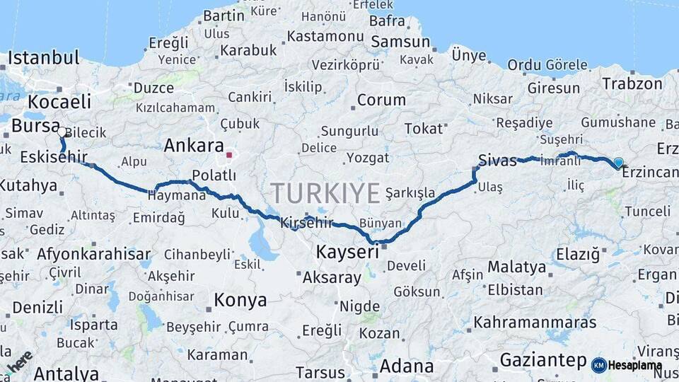 Erzincan Bilecik Arası Kaç Km - Yol Haritası