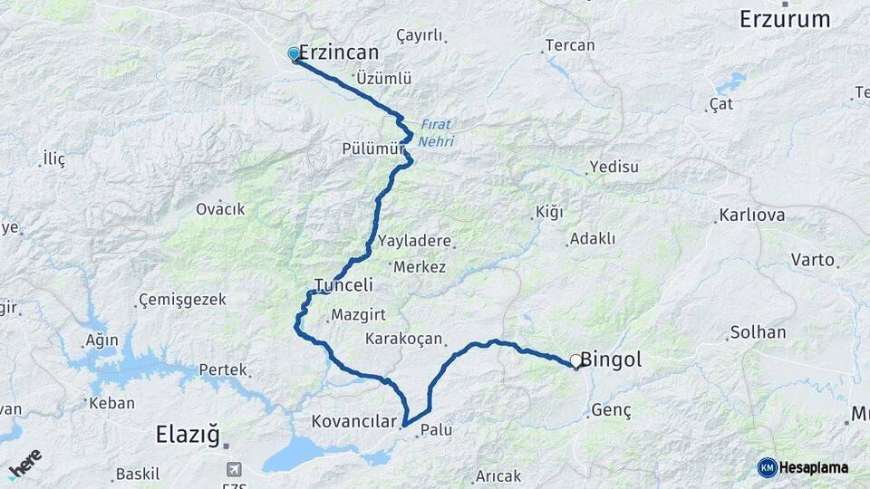 Erzincan Bingöl Arası Kaç Km - Yol Haritası