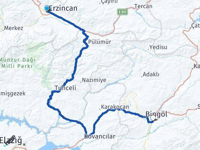 Erzincan Bingöl Havalimanı Arası Kaç Km - Yol Haritası