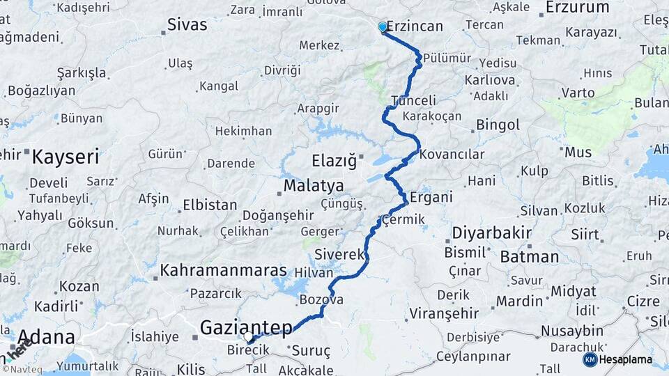 Erzincan Birecik Şanlıurfa Arası Kaç Km - Yol Haritası