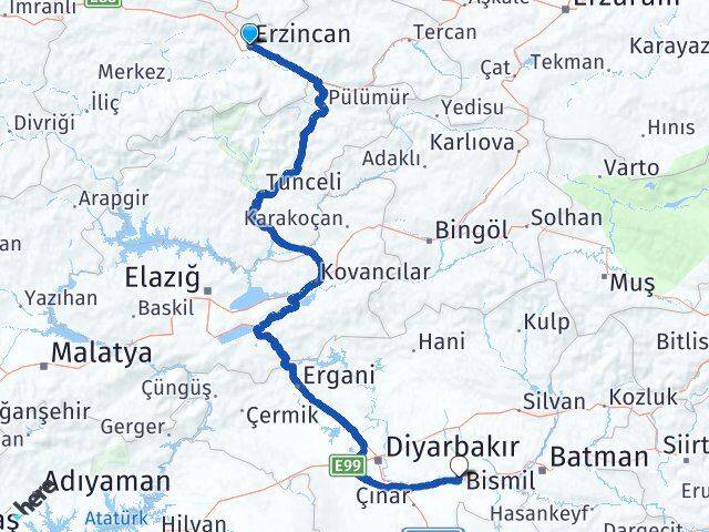 Erzincan Bismil Diyarbakır Arası Kaç Km - Yol Haritası