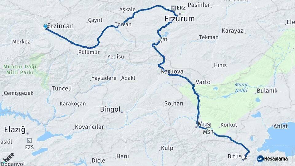 Erzincan Bitlis Arası Kaç Km - Yol Haritası