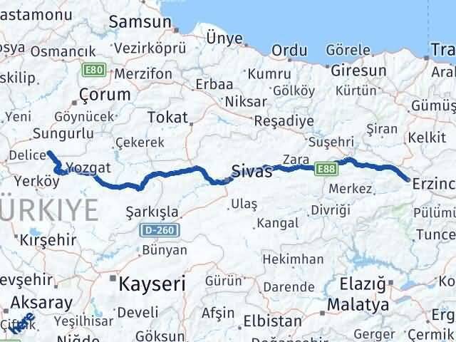 Erzincan Boğazkale Çorum Arası Kaç Km - Yol Haritası