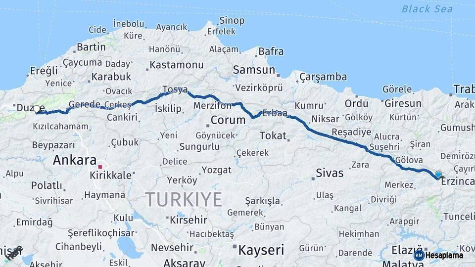 Erzincan Bolu Arası Kaç Km - Yol Haritası
