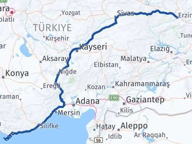 Erzincan Bozyazı Mersin Arası Kaç Km - Yol Haritası