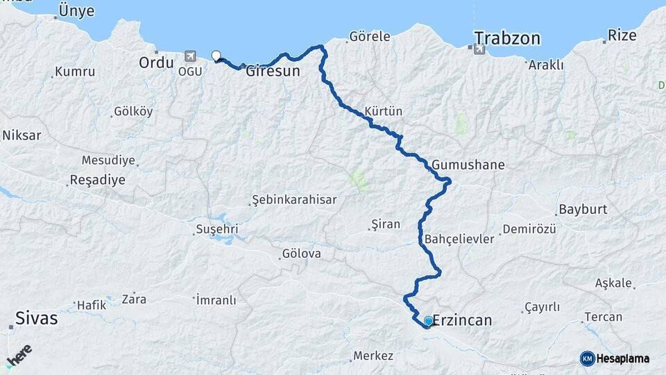 Erzincan Bulancak Giresun Arası Kaç Km - Yol Haritası
