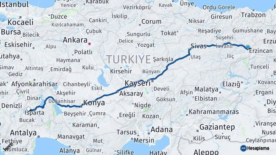 Erzincan Burdur Arası Kaç Km - Yol Haritası