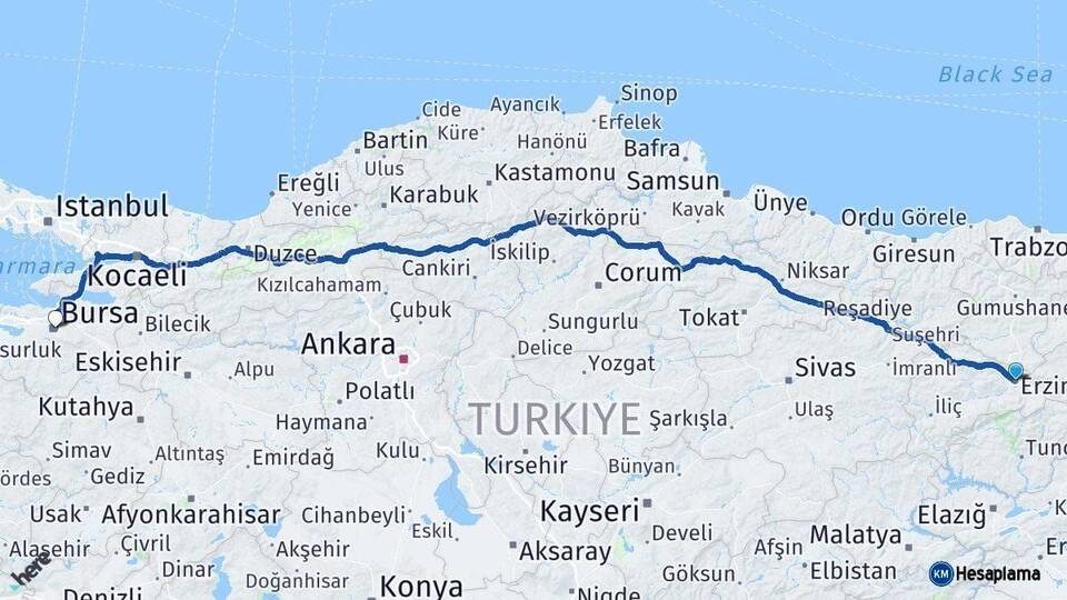 Erzincan Bursa Arası Kaç Km - Yol Haritası