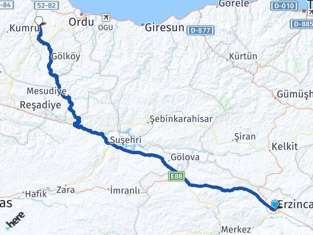 Erzincan Çamaş Ordu Arası Kaç Km - Yol Haritası