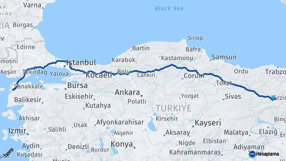 Erzincan Çanakkale Arası Kaç Km - Yol Haritası