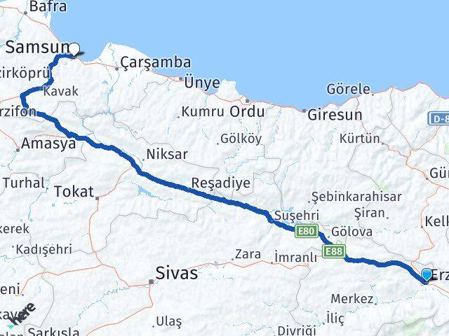 Erzincan Canik Samsun Arası Kaç Km - Yol Haritası