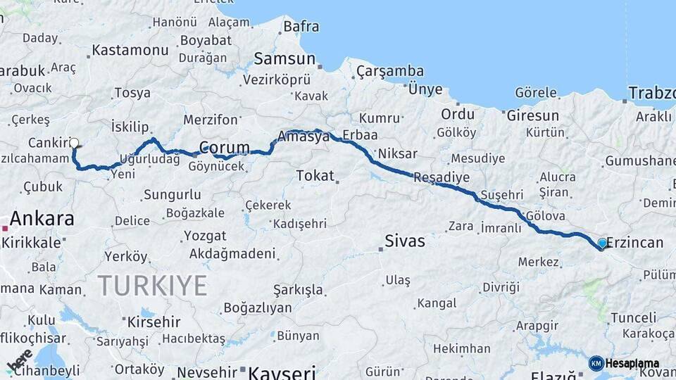 Erzincan Çankırı Arası Kaç Km - Yol Haritası