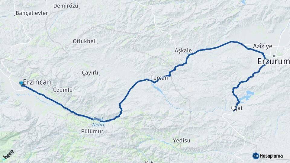 Erzincan Çat Erzurum Arası Kaç Km - Yol Haritası