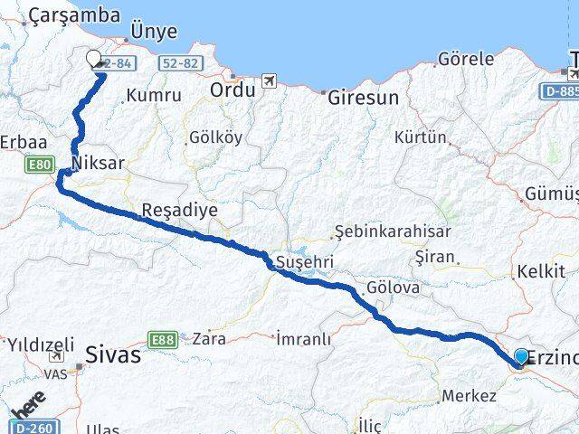 Erzincan Çaybaşı Ordu Arası Kaç Km - Yol Haritası