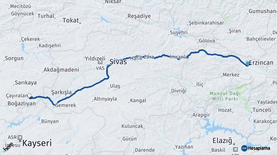Erzincan Çayıralan Yozgat Arası Kaç Km - Yol Haritası