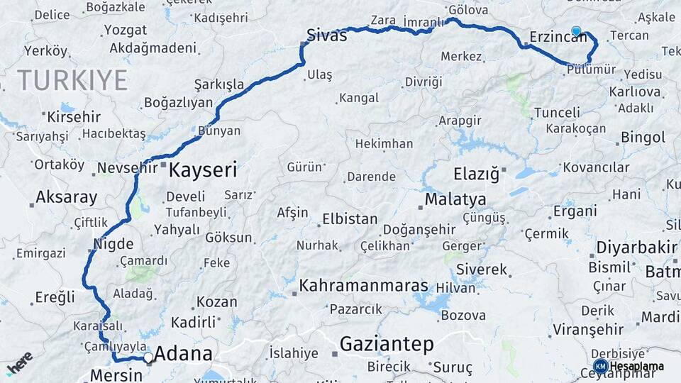 Erzincan Çayırlı Adana Arası Kaç Km - Yol Haritası